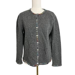 Skyr Cardigan Sweater Womens Small Gray Wool Button Front Colorful Dots Trim